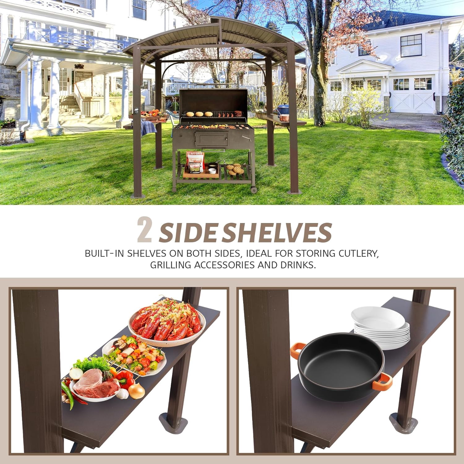 Domi Outdoor Living Hardtop Grill Gazebo 8x5FT, Grill Canopy for Outdoor Grill w/Double Galvanized Steel Roof and 2 Side Shelves, BBQ Gazebo Grill Tent for Patio Garden Backyard, Brown