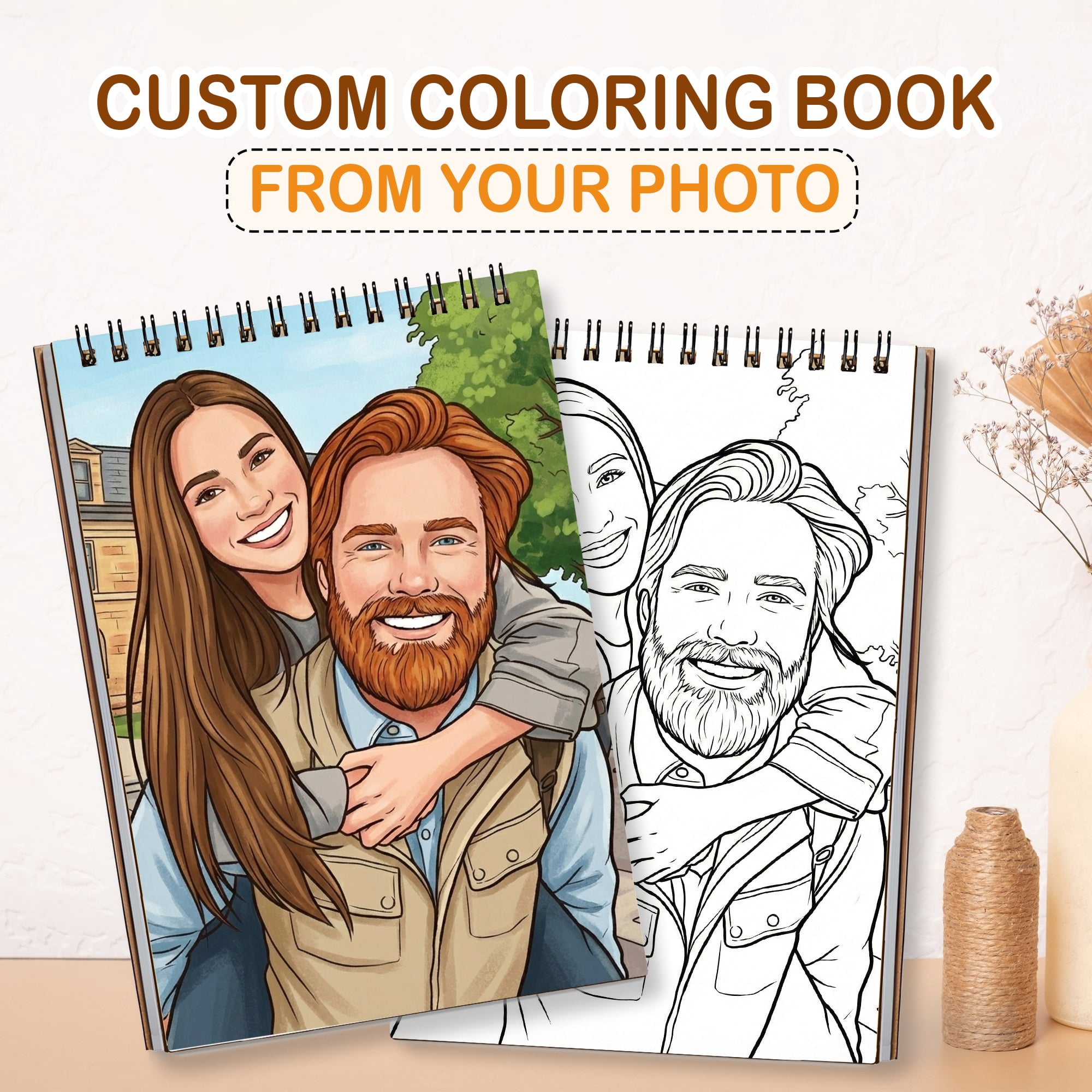 Personalized Couple Memory Coloring Book for Adults – Custom Coloring Pages from Your Photos , 12–48 Pages, Keepsake for Newlyweds, Premium Wooden Cover, Spiral Binding