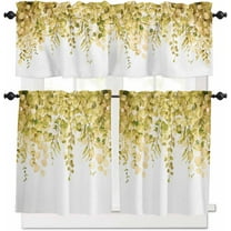 Kitchen Curtain Valance and Tiers Set Yellow Eucalyptus 3 Pc Window Treatment Watercolor Leaves 3 Pieces Rod Pocket Valance Set for Small Windows 54 in x 36 in