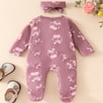 thumbnail image 4 of Ruyang New Born Baby Girls Cherry Graphic Jumpsuit Bowknot Headband Cute Ruffle Zip Up Bodysuit Long Sleeve Footie Onesie, 4 of 9