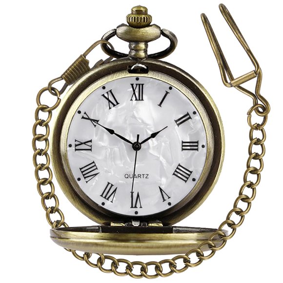 Tiong Bronze Smooth Pocket Watch Steel Quartz Roman Numerals with Chain Best Gifts for Men Women