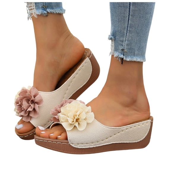 Rokment Women's Floral Orthopedic Platform Wedge Dress Backless Sandals 2026 Beach Bohemian Comfortable Leather Flower Arch Support Chunky High Heels Walking Slip on Summer Shoes Beige Size 6.5