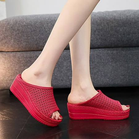 

Cathalem Women S Summer Thick Bottom Slope Heel Comfortable Hollow Sandals Mesh Outer Wear Womens Slippers with Backs Red 7
