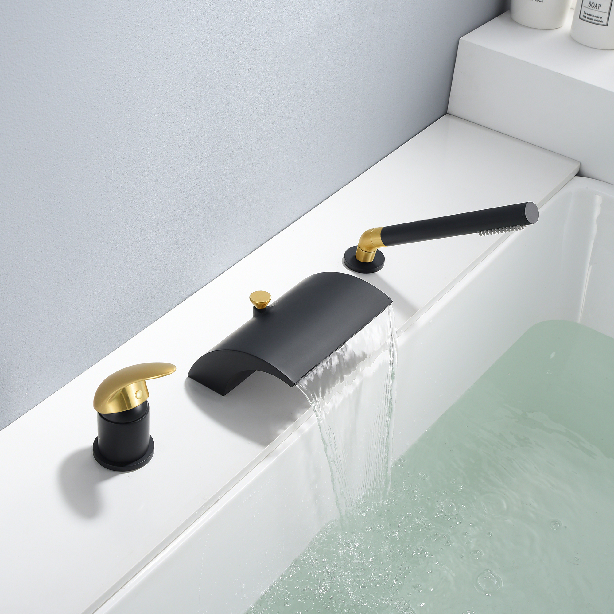 SUMERAIN Waterfall Roman Tub Faucet Deck Mount Bathtub Faucet Brass Tub Filler with Hand Shower, Black and Gold Finish