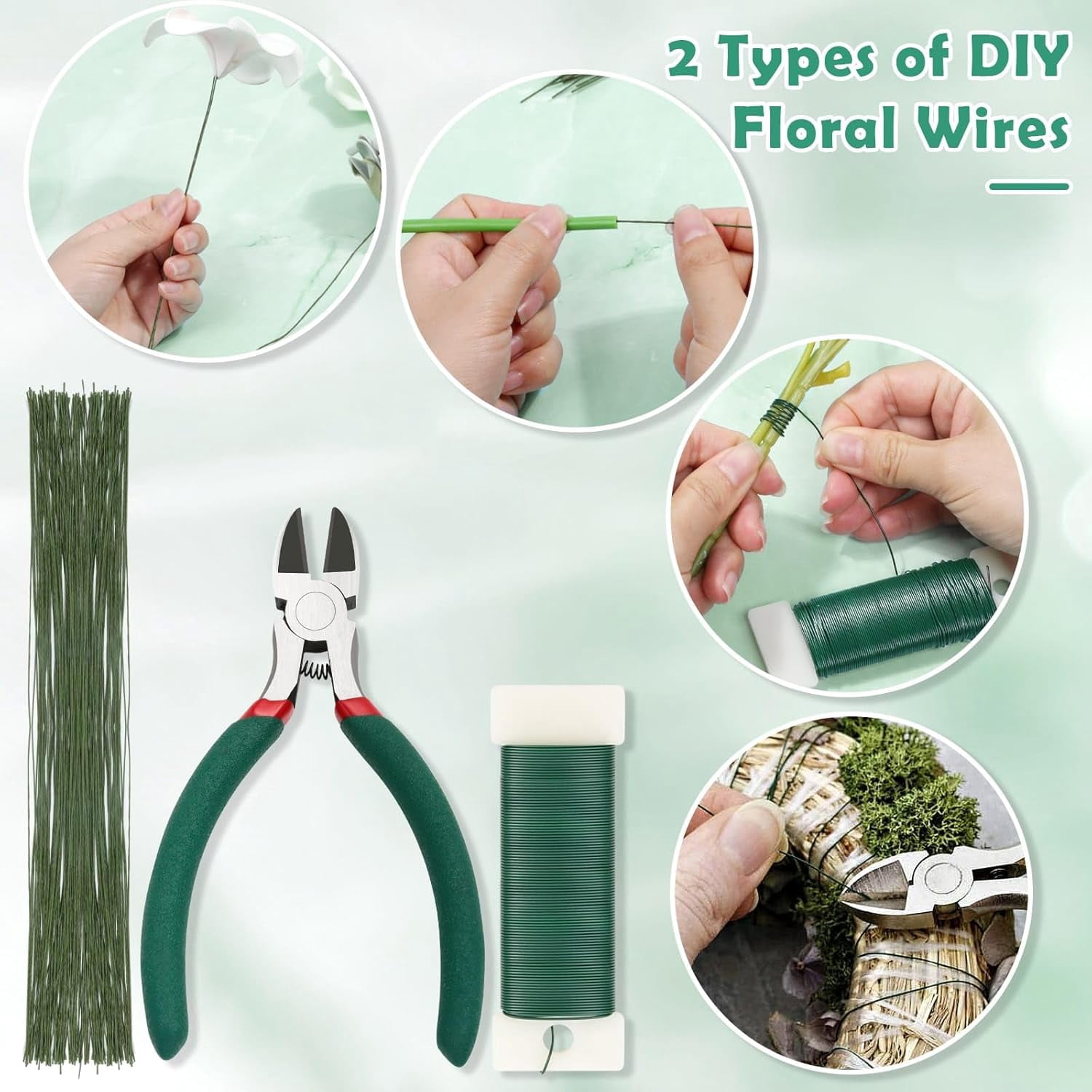Floral Tape and Floral Wire Arrangement Tool Kit with Green Floral Tape, Floral Wire, Boutonniere Flower pin, Wire Cutter, White Ribbon and Elastic Pearl Wrist Corsage Bands for Bouquets