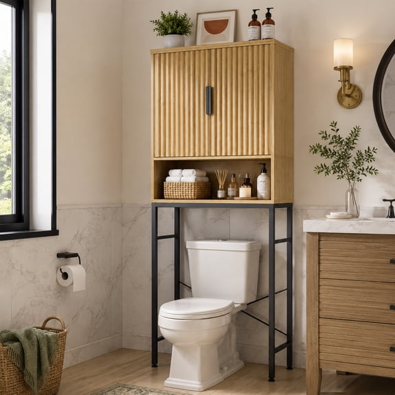 Wood Over The Toilet Storage Cabinet with Adjustable Shelf & Metal Stand, Fluted Bathroom Space Saver Over Toilet for Laundry