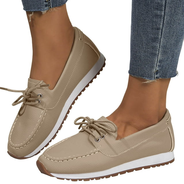 Mocassins à Enfiler pour Femmes Décontractés en Cuir à Lacets Ballerines Chaussures de Marche Automne Espadrilles Mode Basses