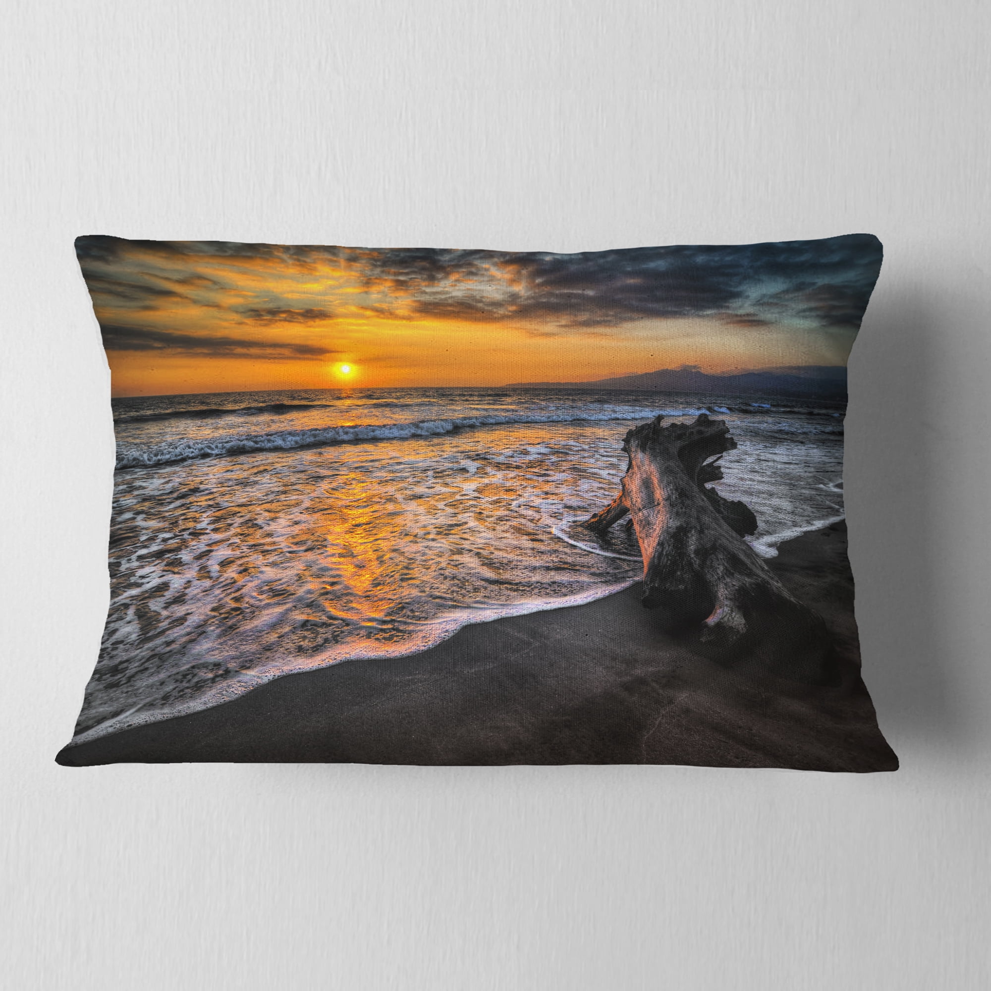 Designart Log on Beach During Sunset - Seashore Throw Pillow - 12x20