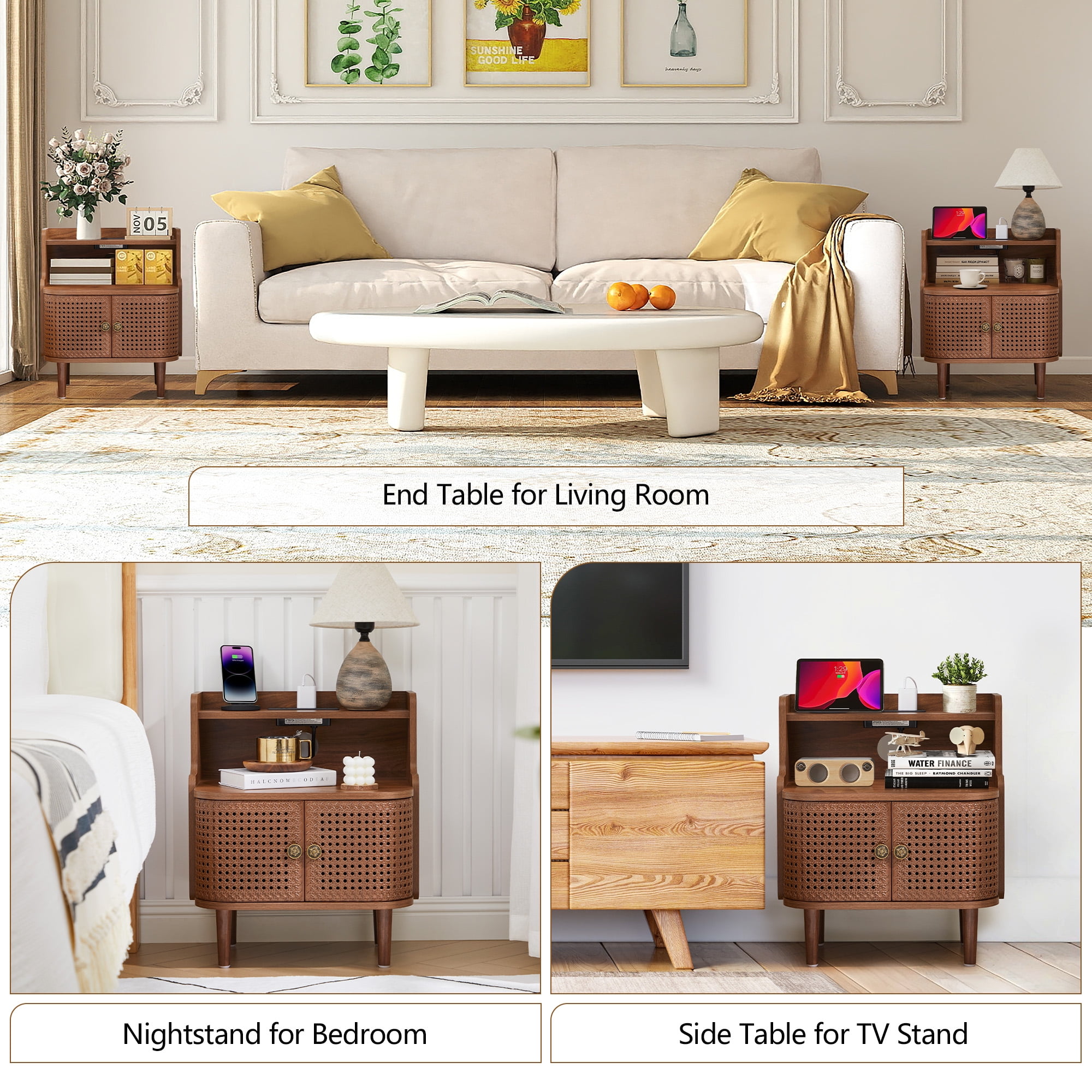 YOCWO Large Storage Nightstand Set of 2 with Charging Station Iron Rattern Pattern, Farmhouse Square End Table with 2 Door and Open Shelf for Bedroom Living Room, Walnut