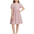 thumbnail image 2 of Bxsruta Girls Casual A Line Dress Short Sleeve Breathable Cotton Summer Dress for Kids Loose Fit Puff Sleeve Round Neck Pull on Dress for School Play Daily Wear Ages 5-15, 2 of 6