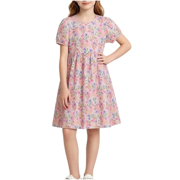 Amidoa Girls Summer Dresses A-Line Floral Print Puff Sleeve Short Sleeve Dresses Kids Cotton Print Casual Sundress White Size 8