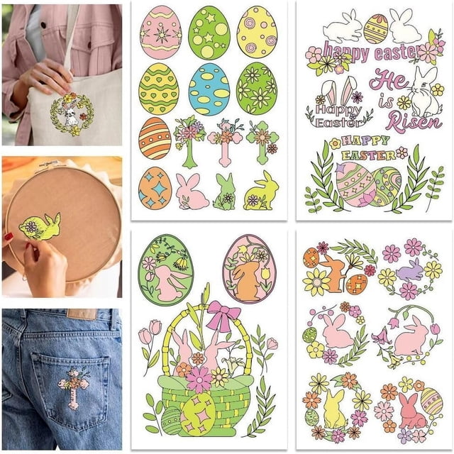 4 hojas de estabilizadores de costura a mano solubles en agua con forma de huevo de conejito de Pascua, cesta de flores, estabilizador de bordado lavable, práctica de puntadas de bordado