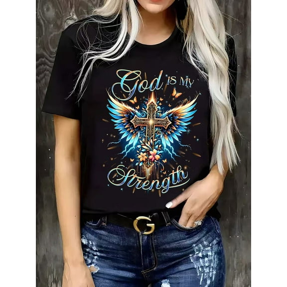 Men's Plus Size Heavyweight Vintage Cotton T-Shirt - Big & Tall Crewneck Tee with Religious Faith Graphic ("God is My Strength" in Elegant Script), Soft Breathable Fabric for Gym, Travel,