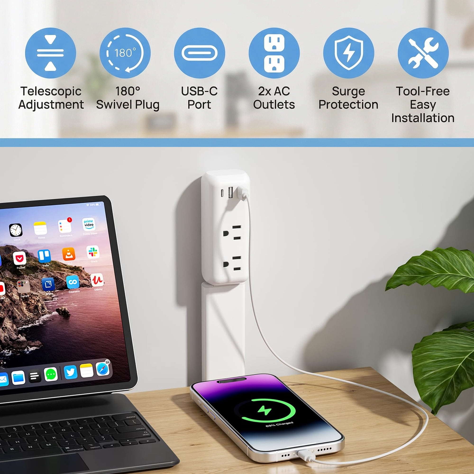 Electrical Outlet Extender Stick with 2 USB-C, 1 USB-A, and 2 AC Outlets – Adjustable 22"-34", No Assembly, Perfect for Sofas, Nightstands, and Desks