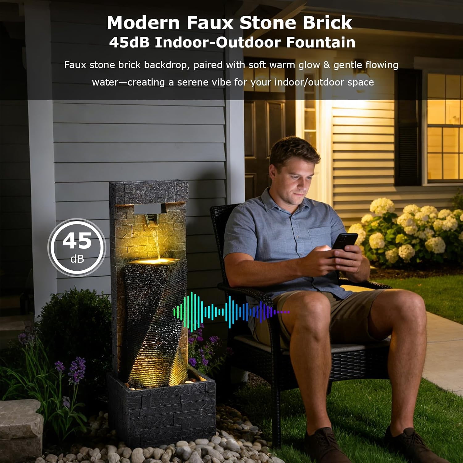 39.8’’ Tall Modern Spiral Waterfall Fountain Outdoor/Indoor Water Fountain Resin Stone-Like Water Feature with LED Lights for Outside, Garden, Patio, Porch, Deck, Backyard, Home Decor