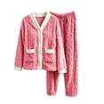 thumbnail image 2 of PNTUTB Women's Fleece Soft Warm Pajama Set Contrast V-neck Button Long Sleeve Pockets Top and Pant Fall Winter Loungewear Set, 2 of 7