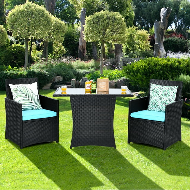 Patiojoy 3PCS Patio Rattan Dining Set Space-Saving Furniture Set with Tempered Glass Top Table and Cushioned Chairs