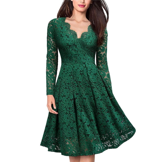 Mikilon Robe Vintage à Manches Longues en Dentelle Patchwork Crâne pour Femmes