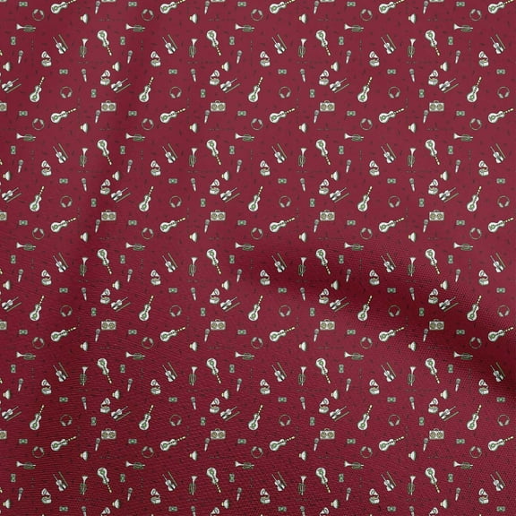 oneOone Cotton Flex Maroon Fabric Musical Instruments Quilting Supplies Print Sewing Fabric By The Yard 40 Inch Wide