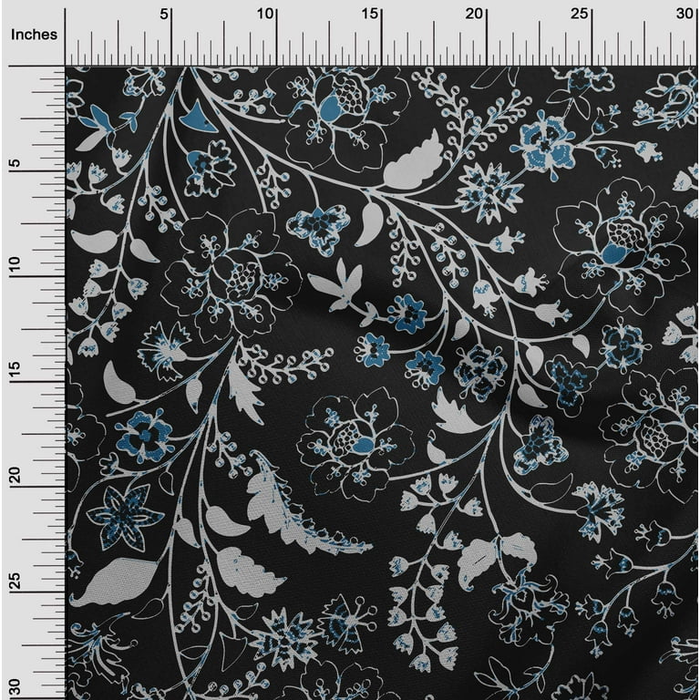 Ink Blue Jacobean Floral Toile Fabric