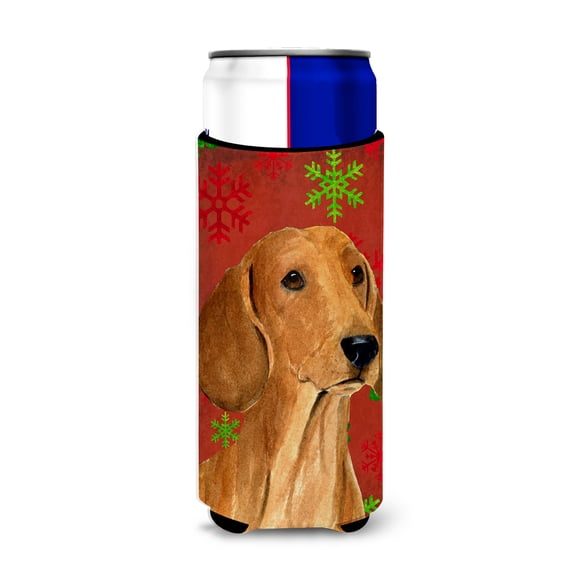 Dachshund Red and Green Snowflakes Holiday Christmas Ultra Hugger for slim cans