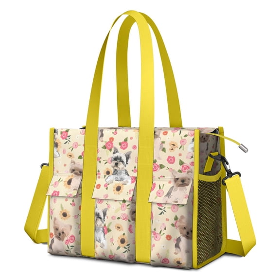 Teacher Tote Bag,Yorkie Dog and Flower Florals Teacher Utility Tote Bag,Large Work Tote Bags for Women with Multiple Pockets,Top Zipper Closure,13.8x10.6x6.7 Inch