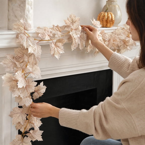 175cm(68.9in) Artificial Beige Maple Leaf Garland, Fall Decorative Vine for Thanksgiving Halloween Home Mantel Staircase Indoor Decor