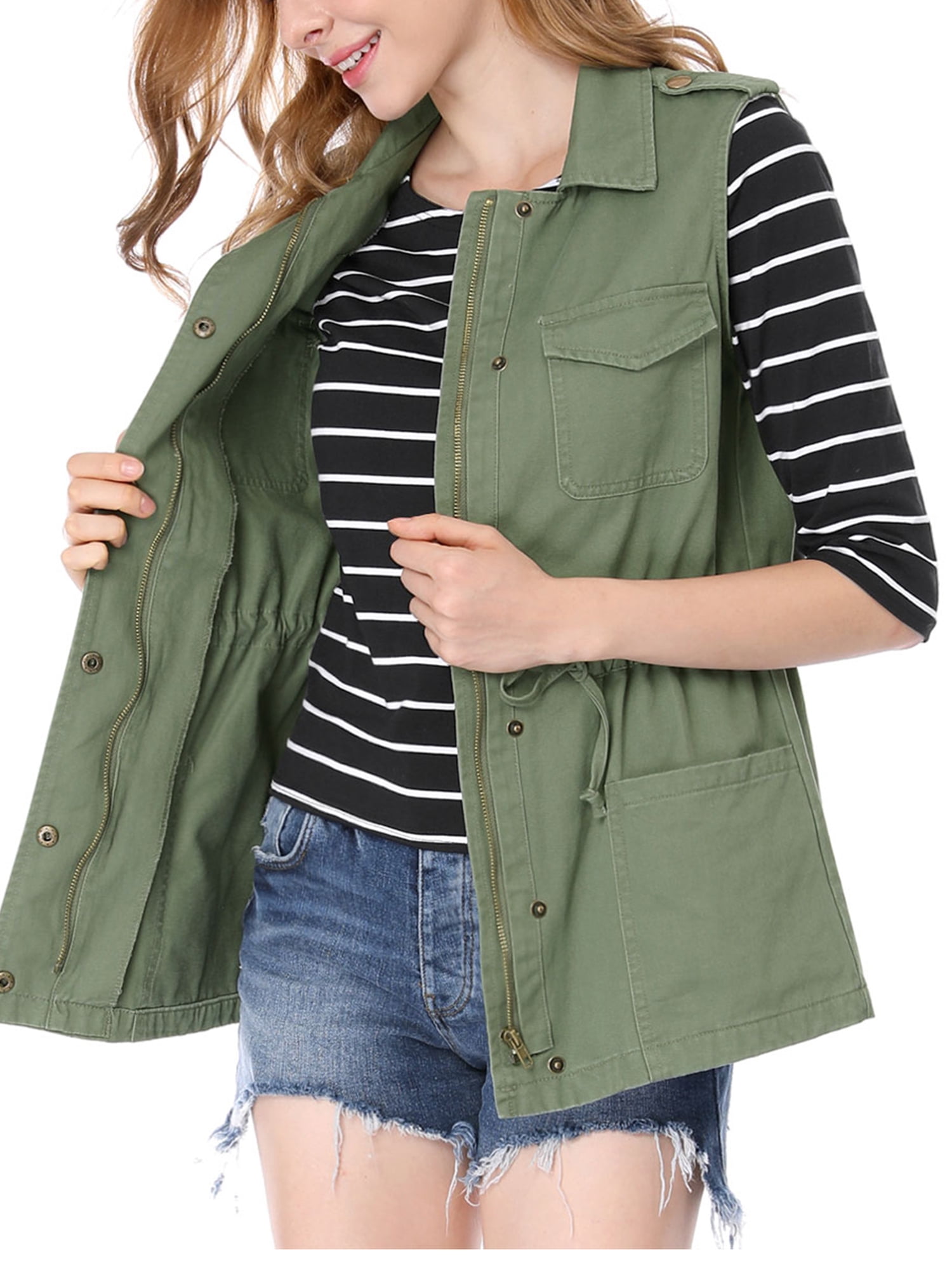 DARING DIVA Women Functional Pockets Drawstring Waist Cargo Vest XL Green