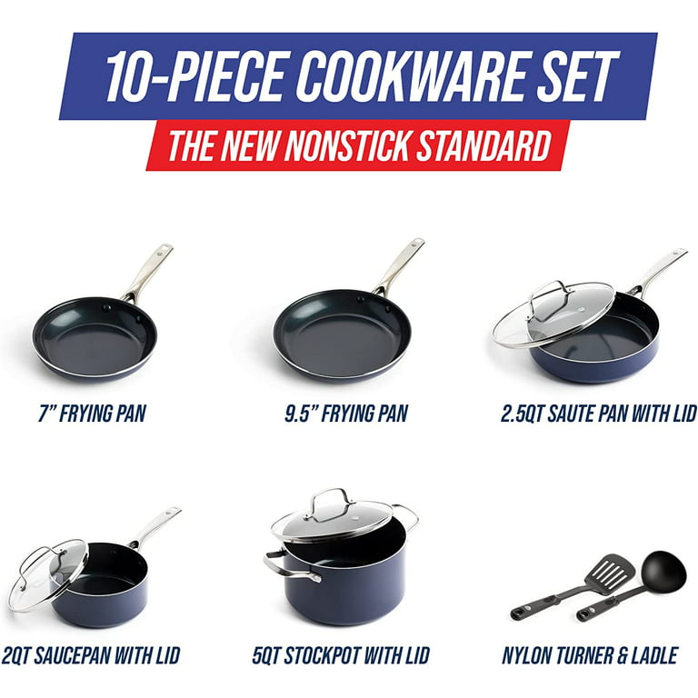 EMB ceramic diamond pots and pans sets- 8 piece nonstick kitchen cookware  alum cast, 3, 6, 10 quart pot & 11 in pan - blue bundle
