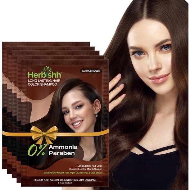 Herbishh Dark Brown Color Shampoo for Gray Hair, Hair Dye Shampoo 3 in 1, 100% Grey Coverage for Men & Women, Long-lasting & Travel-friendly, Ammonia-free, 30 ml (Pack of 5)