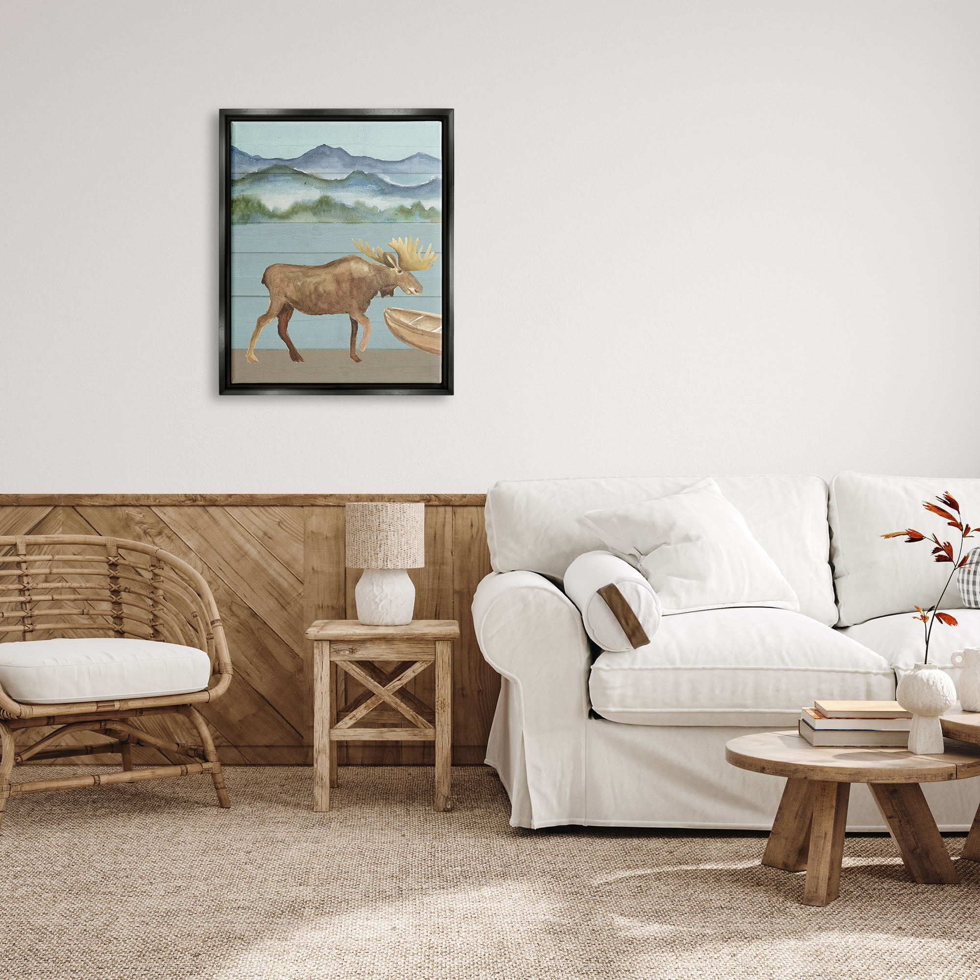 Stupell Industries Rustic Moose at Lake Animals & Insects Painting Black Floater Framed Art Print Wall Art, 25 x 31