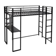 Twin Size Loft Bed with Desk and Shelves for Adult, Metal Bed Frame with Two Build-in Ladders -Length Guardrail, Noise Free, Space-Saving Design, No Box Spring Needed