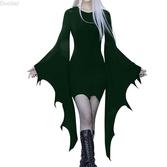 DuoJiaJ Womens Gothic Dress, Crew Neck Lace Mesh Long Sleeve Dresses Green S-2XL