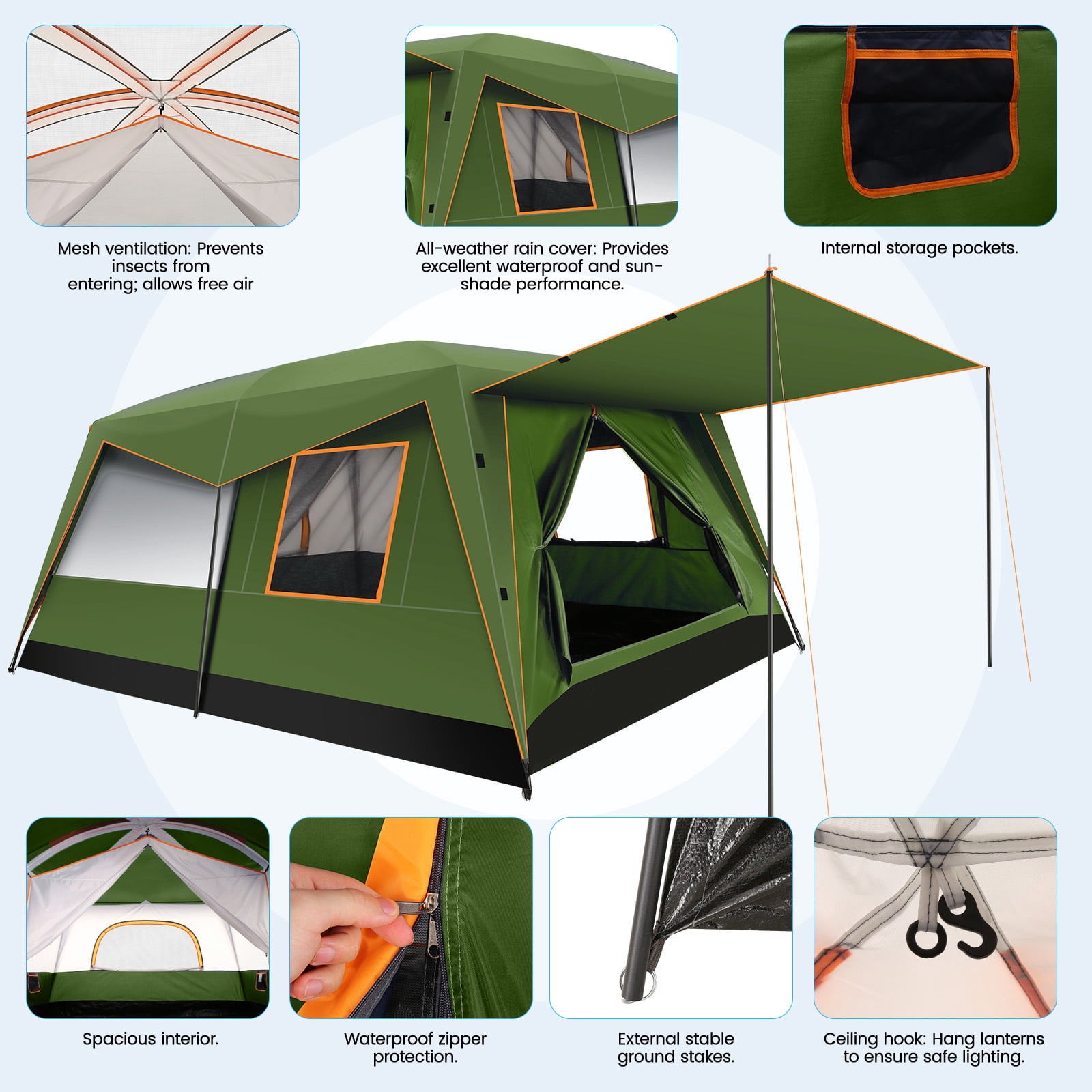 SANOPY 10 Person Camping Tent，14×10 FT Waterproof & Windproof,Easy Manual Setup with 8 Wind Ropes & 14 Ground Nails, Ideal for Family & Group Outdoor Trips