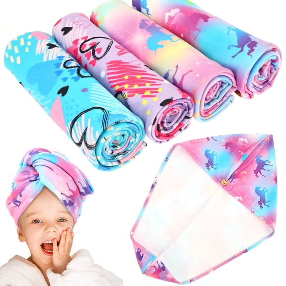 Ikoopy Microfiber Hair Towel Wrap for Kid 4 Pack Rapid Drying Hair Towel with Button and Elastic Loop Head Wrap for Women and Girl