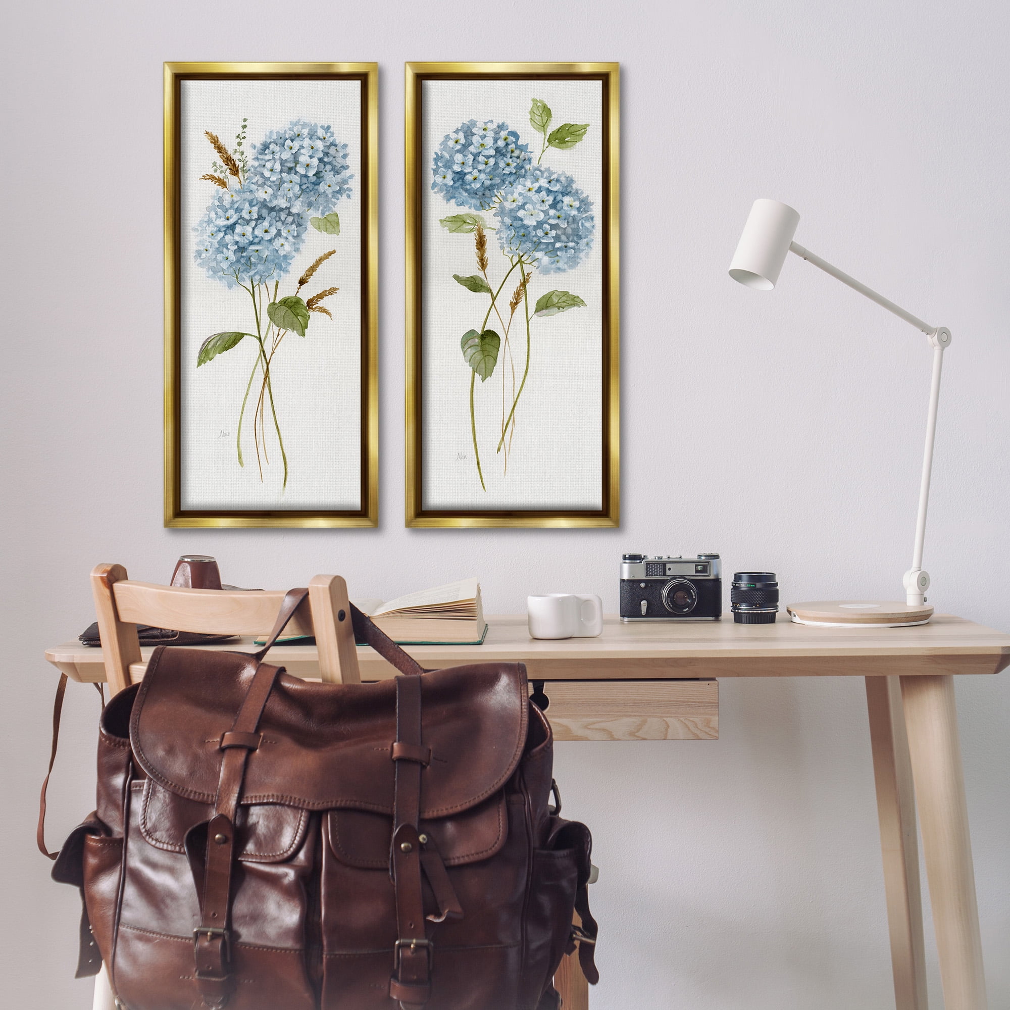 Stupell Industries Blue Hydrangea Long Stems Botanical & Floral Painting Gold Floater Framed Canvas Art Print Wall Art, 15 x 31, Set of 2