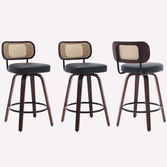 HUMEHA Set of 3 Rattan Swivel Barstool Black 26" Cane Back