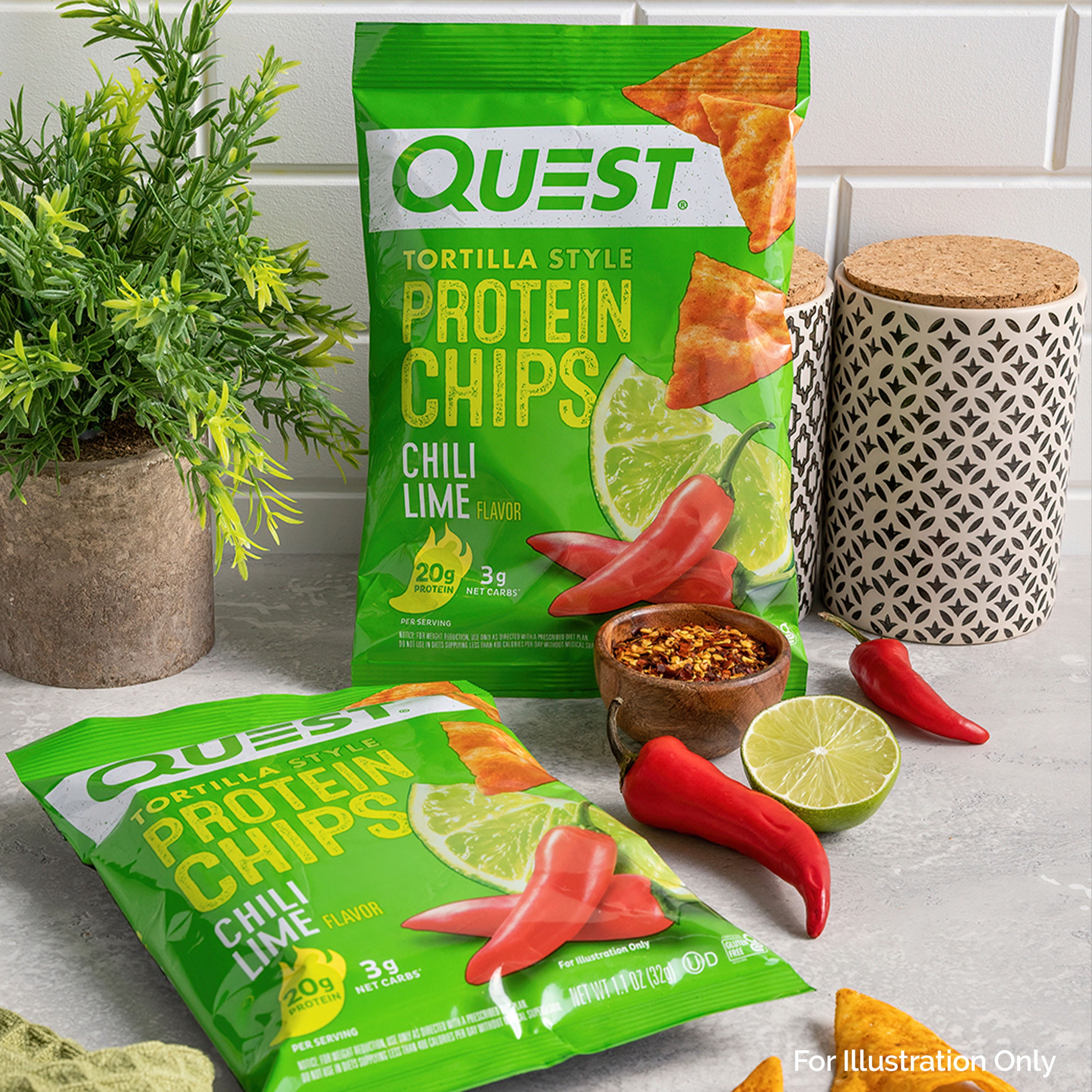 Quest Tortilla Style Protein Chips, Chili Lime Flavored, Baked, 1.1oz Bags, 12 Count