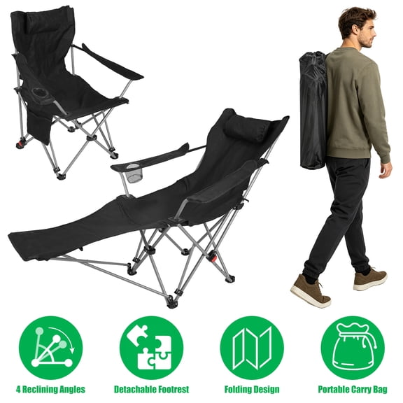 Imountek Heavy Duty Folding Beach Chair, 4-Position Adjustable Reclining Camping Chair with Detachable Footrest, Headrest Cup Holder & Side Pocket