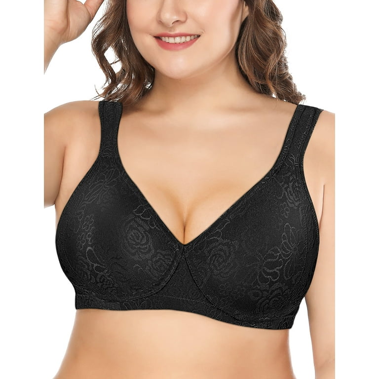 Exclare Women's Plus Size Comfort Full Coverage Double Support Unpadded  Wirefree Minimizer Bra (48DD, Black)