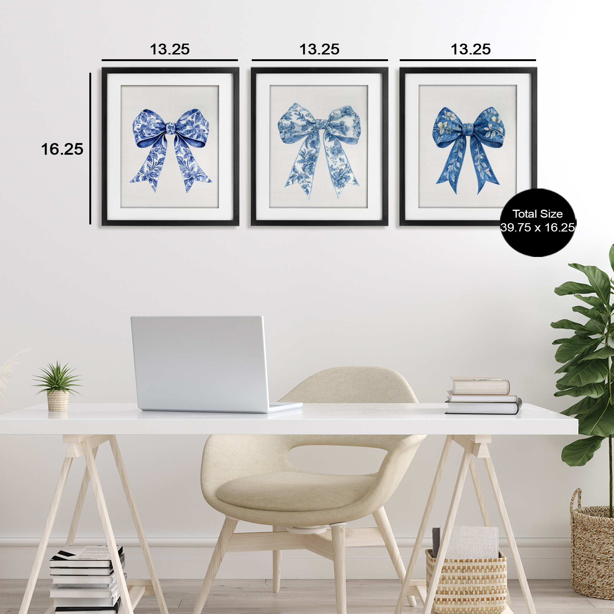Vintage Toile Pattern Bows 3 Piece Black Framed Print Under Glass Set, design by Lettered and Lined