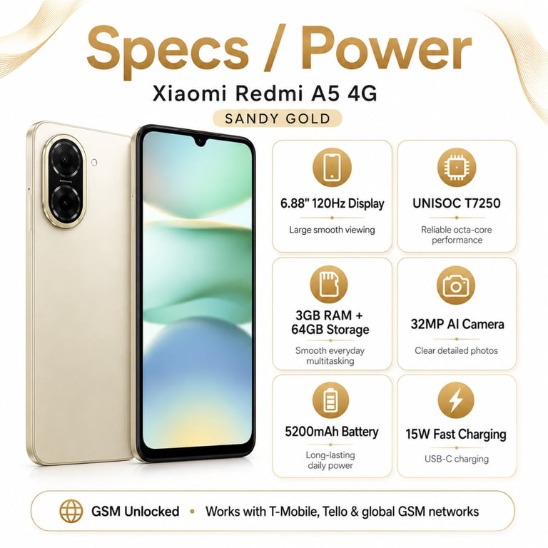 Xiaomi Redmi A5 4G 64GB ROM 3GB RAM Dual SIM GSM Unlocked - Gold