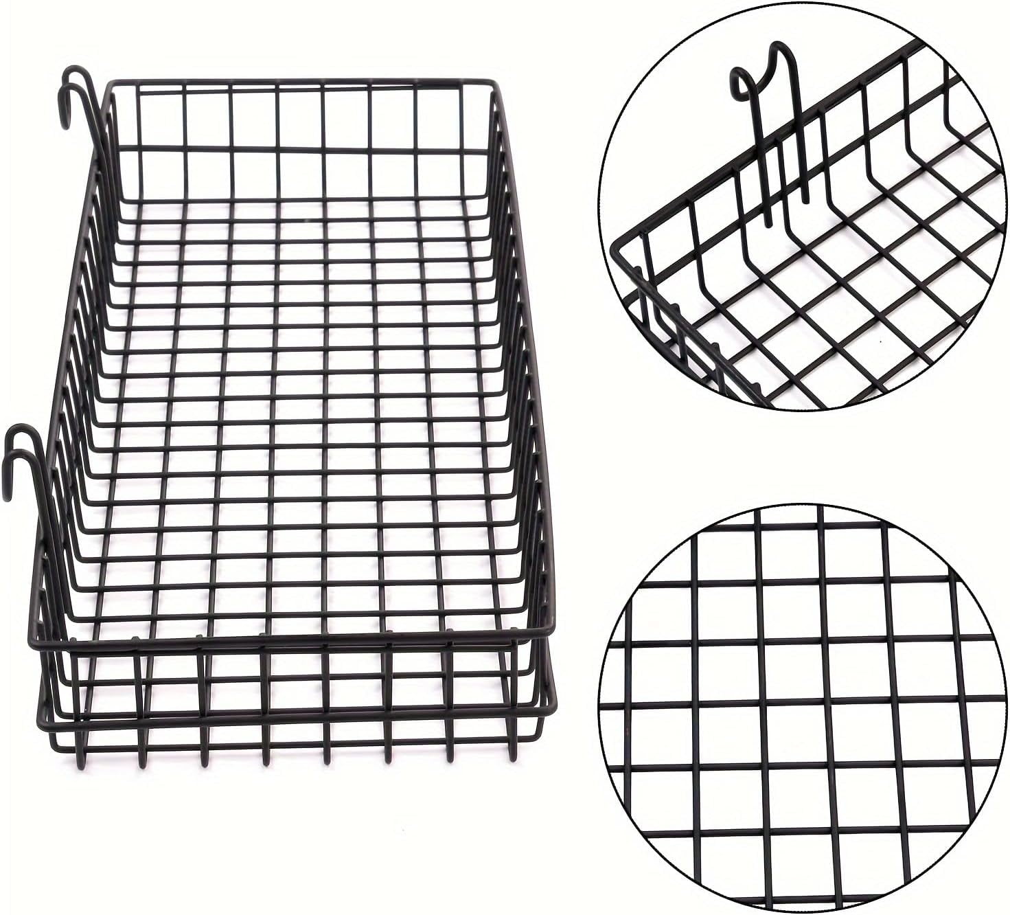 4 Pack 15.75 x 6 x 2.36 Inch Metal Grid Wall Baskets with Hooks, Hanging Wire Grid Basket, Multi-Function Wall Mounted Organizer for Kitchen Garden Organizing Display, Black