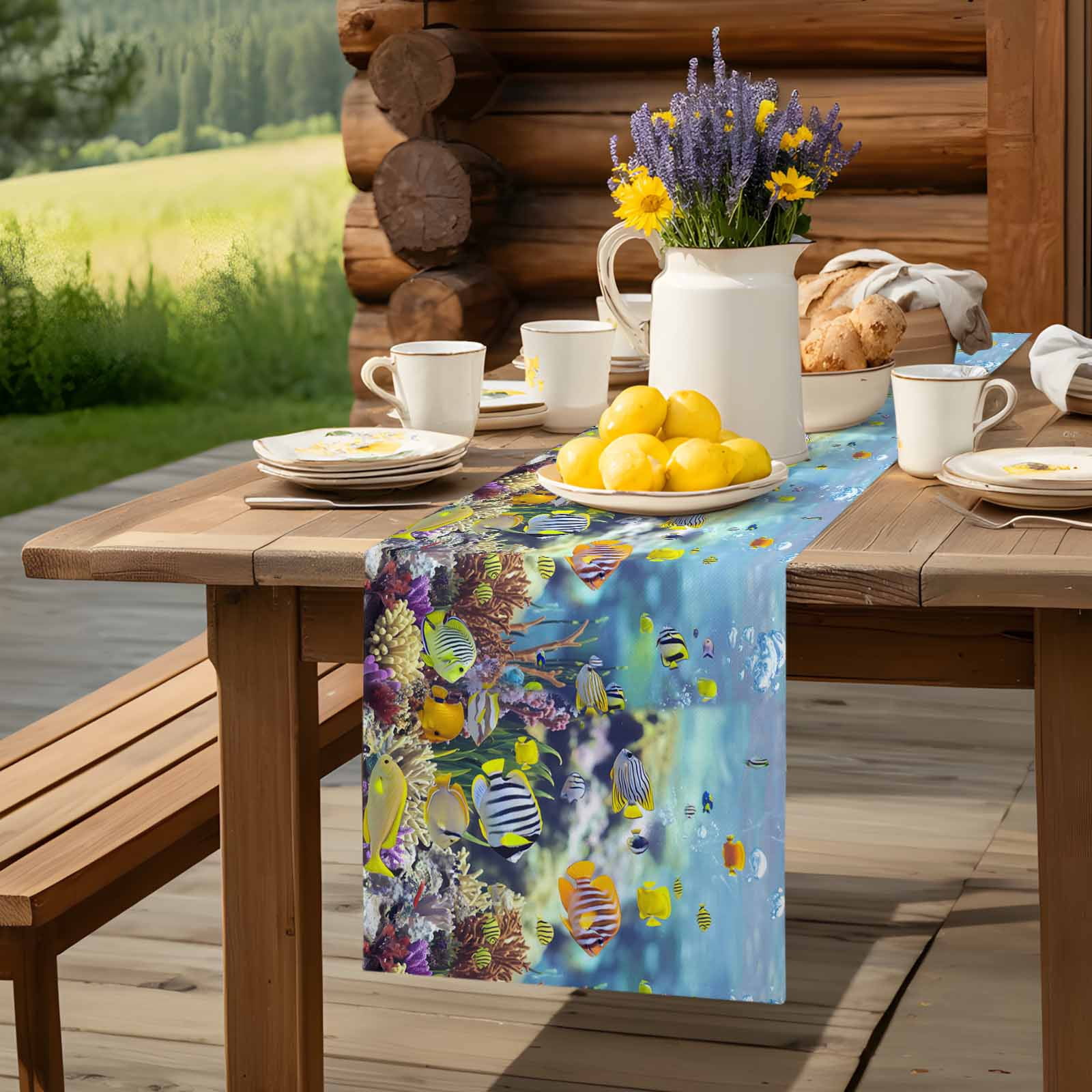Sea Fish Coral Seaweed Table Runner 90 Inches Long, Summer Blue Ocean Table Runners Tabletop Scarf Kitchen Dining Tables Decoration for Home Party Indoor Outdoor