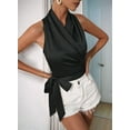 thumbnail image 6 of Women'S Satin Blouse Wrap V Neck Sleeveless Tie Side Summer Elegant Crop Tops Black S, 6 of 7