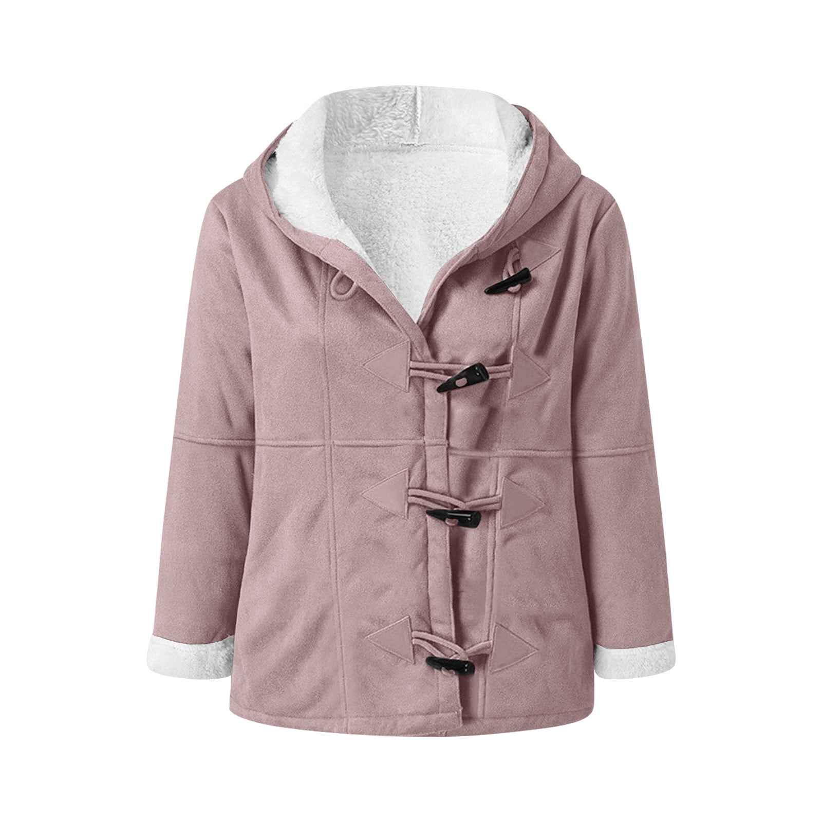 VINUSLI Sherpa Fleece Jacket Women Winter Horn Button Faux Suede Hoodie Long Sleeve Outerwear Parka Pea Coats​ Pink,XXXXL