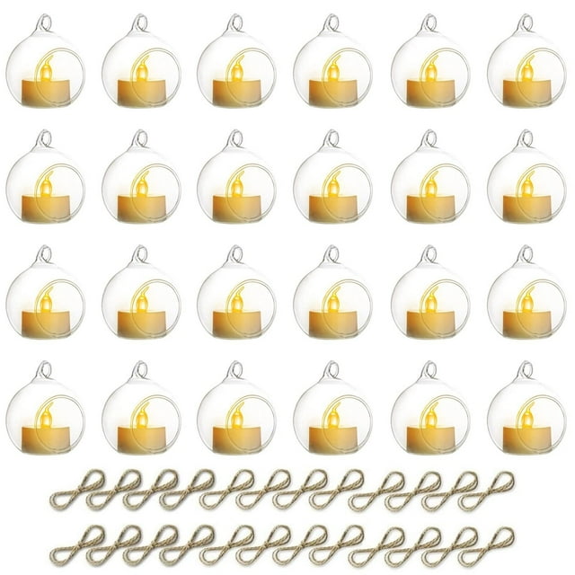 Portavelas colgantes para té, 24 unidades, 2.35 pulgadas, con velas LED, pequeños globos de vidrio, adornos redondos y transparentes para decoración de árboles de boda, fiesta