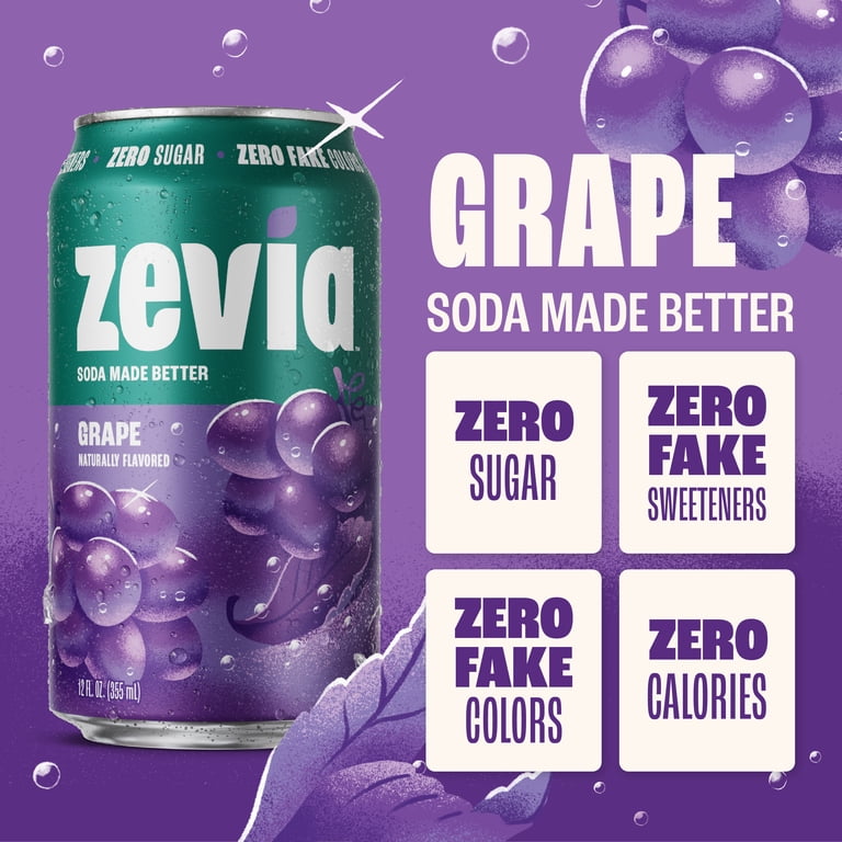 Zevia Zero Sugar, Grape Soda, Stevia Sweetened, Free Calorie, 12