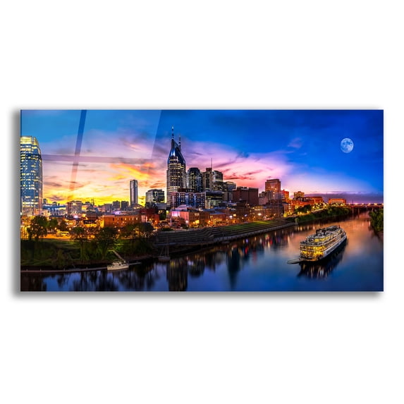 Epic Art 'Moon Over Nashville' by Jonathan Ross, Acrylic Glass Wall Art, 24"x12"