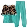 thumbnail image 2 of Mikilon Ensemble Élégant pour Femmes 2 Pcs Coton Lin Imprimé Manches Cinq-Quarts Col Rond + Pantalon Décontracté Vert Armée 3TG, 2 of 3